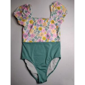 Wonder Nation Girls Floral One Piece Swimsuit Sage‎ Green Size L (10-12)